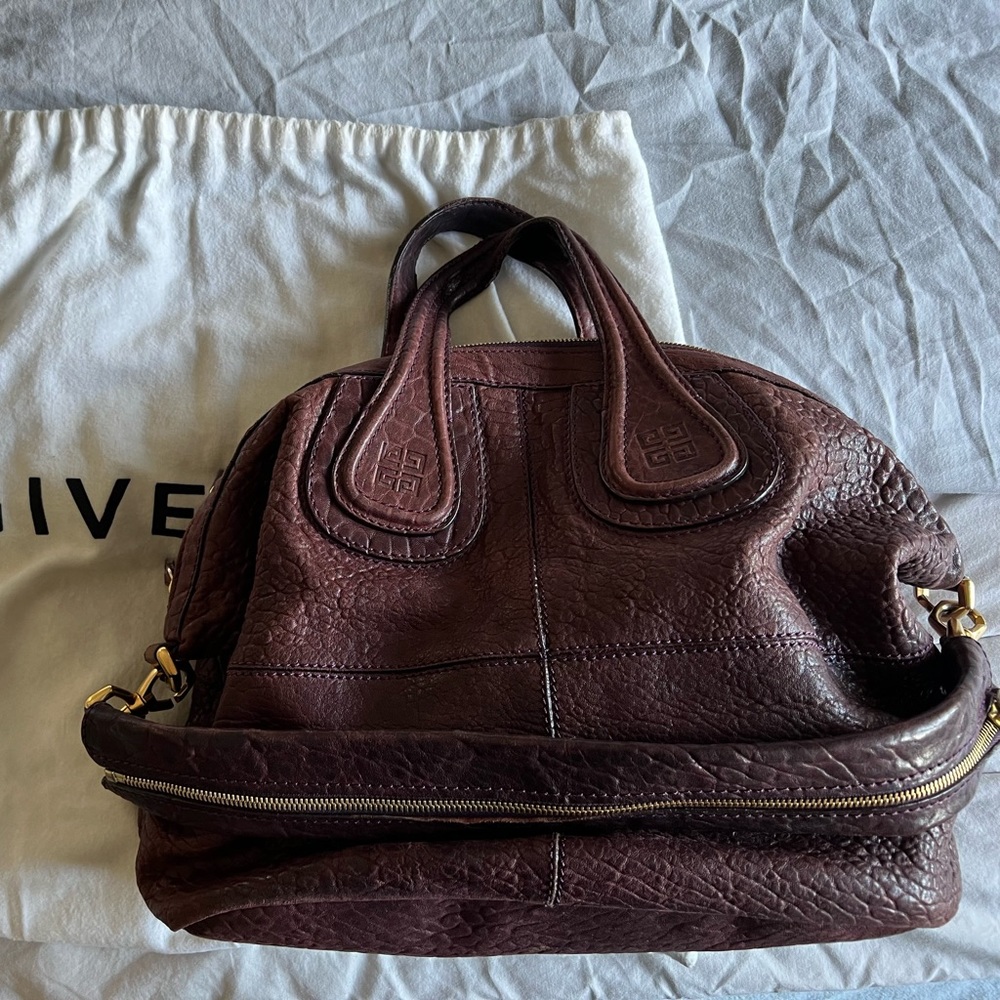 Authentic Givenchy Medium Nightingale in Aubergine Leather with Gold Accents